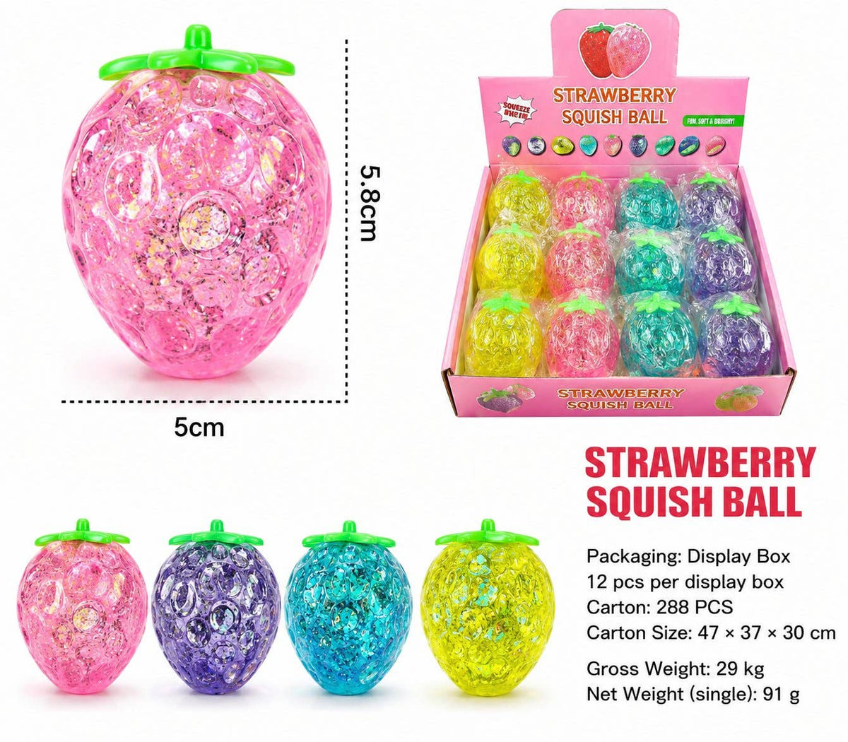 Glitter Maltose Strawberry Squish Ball Sensory Fidget Toy